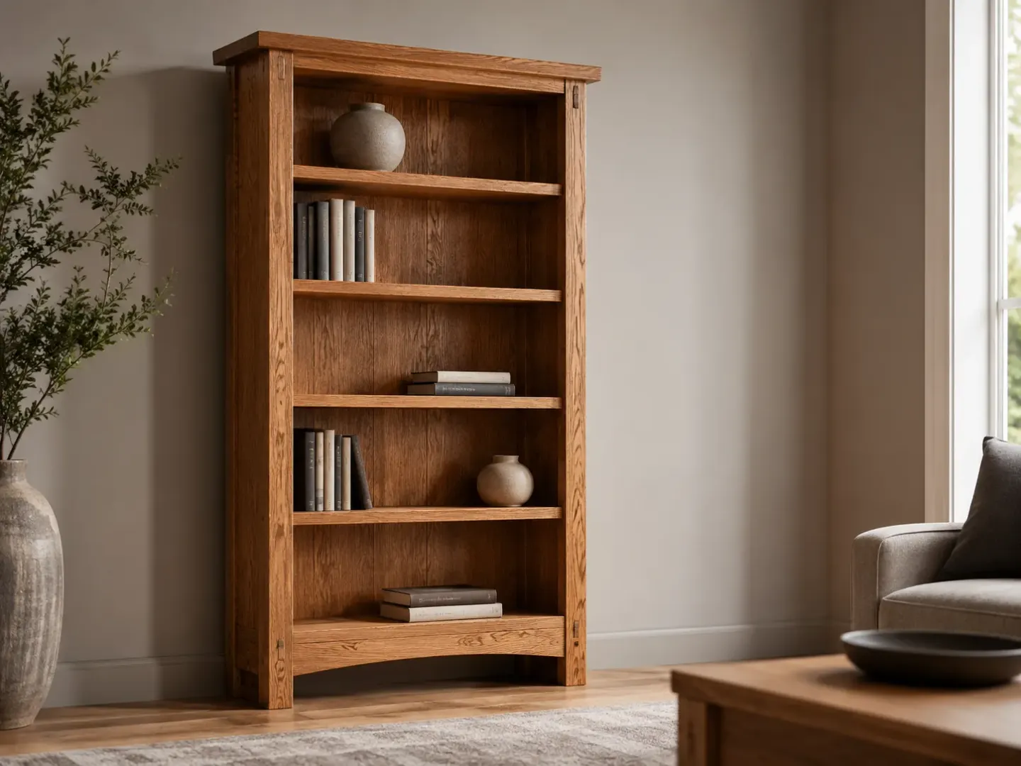 Tall freestanding solid-oak bookshelf with five open shelves in a bright room.