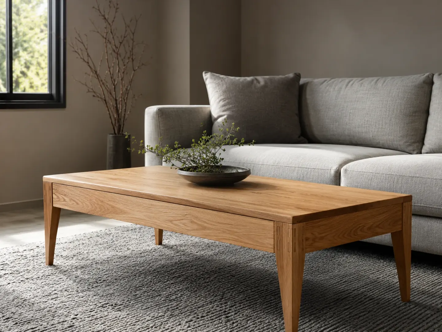 Custom white-oak coffee table with a slim drawer in front of a gray sofa.