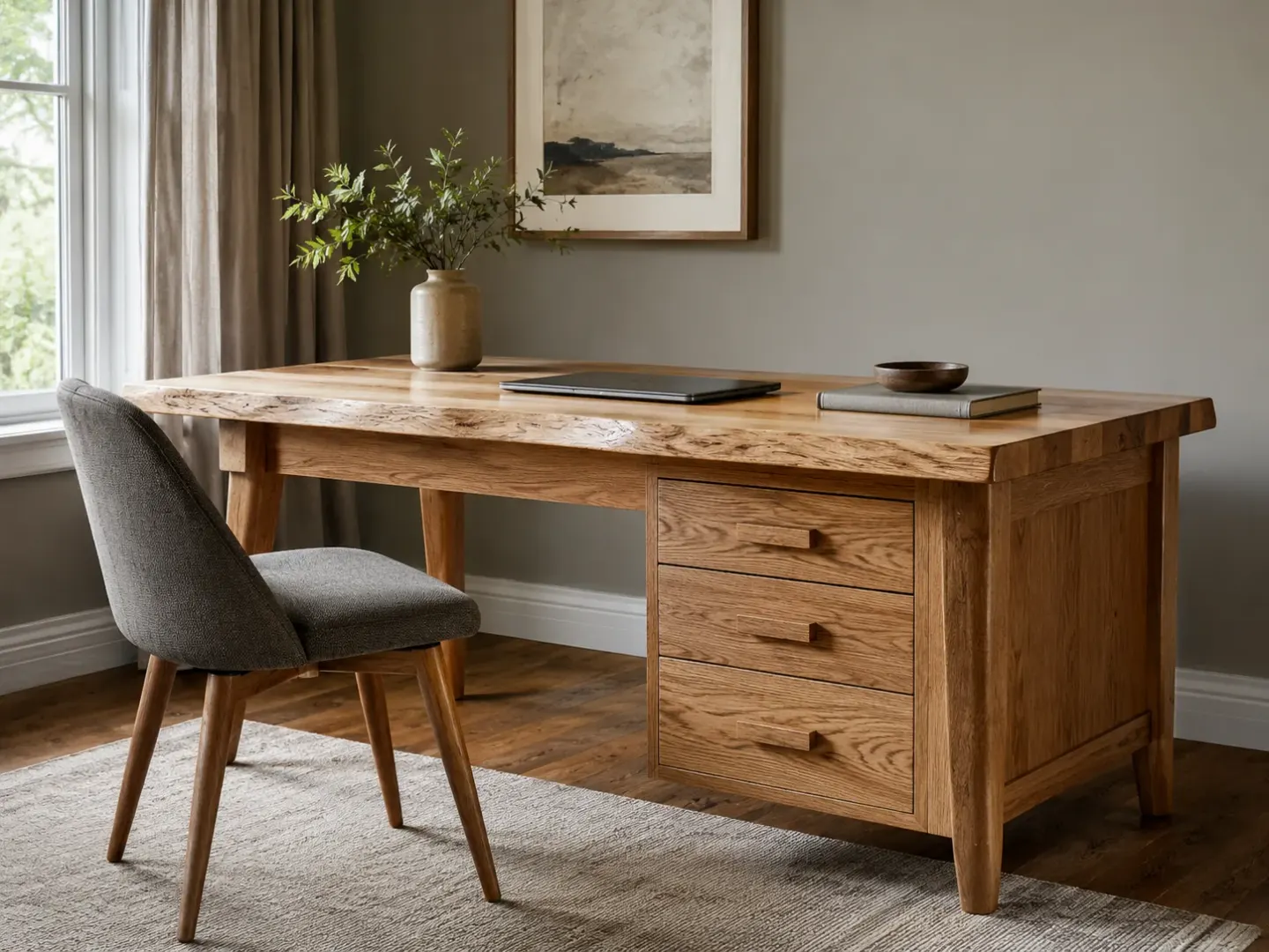 Solid-oak home-office desk with a three-drawer pedestal beside a bright window.