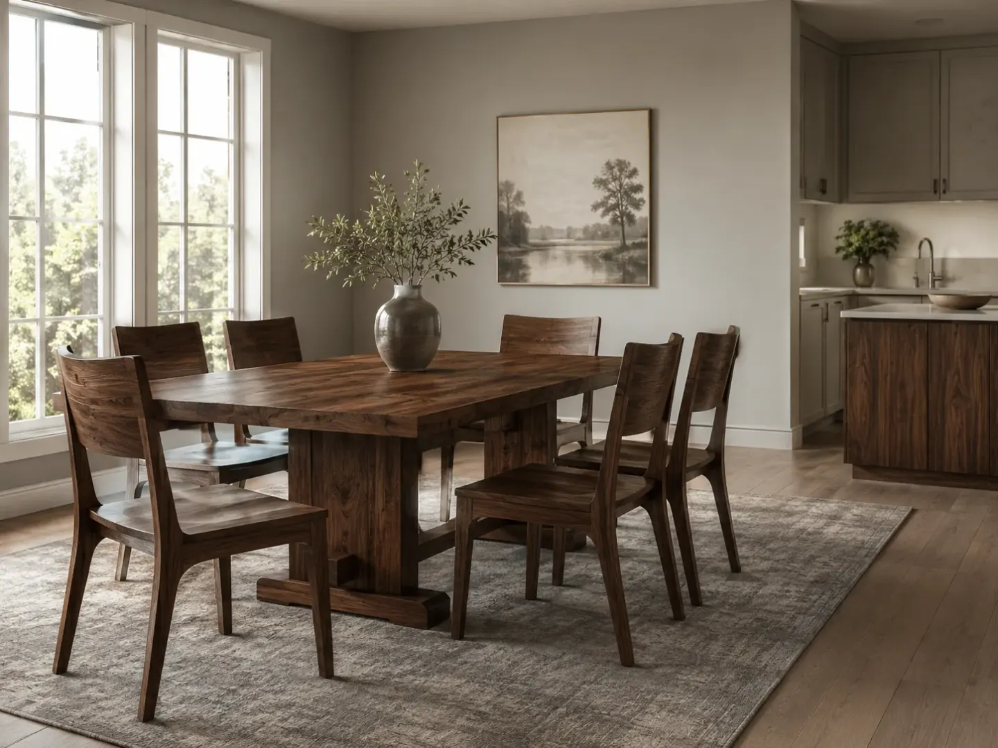 Custom walnut trestle dining table with six matching chairs in a kitchen dining room.