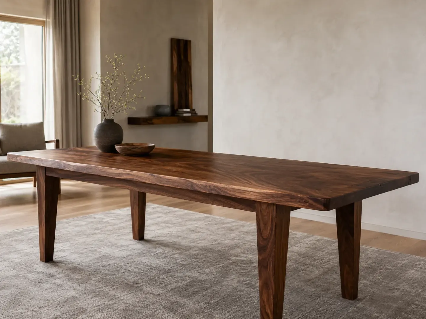 Hand-built live-edge walnut dining table in a sunlit modern living room.