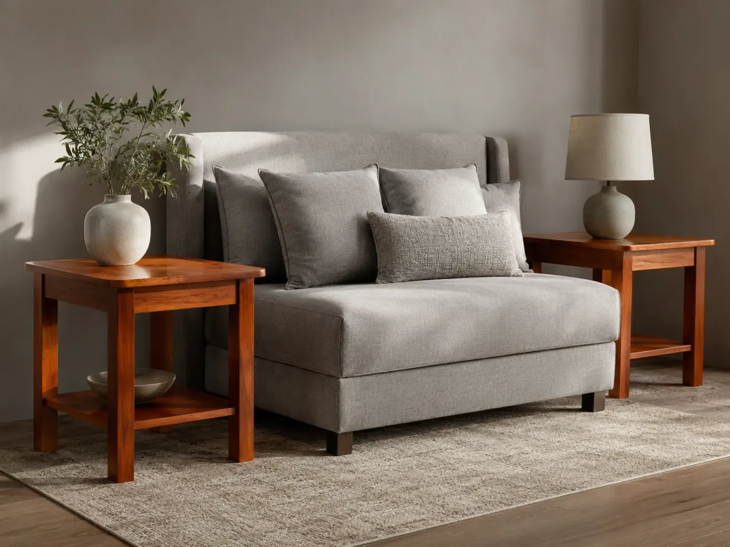 A matched pair of cherry-stained end tables flanking a gray upholstered settee.