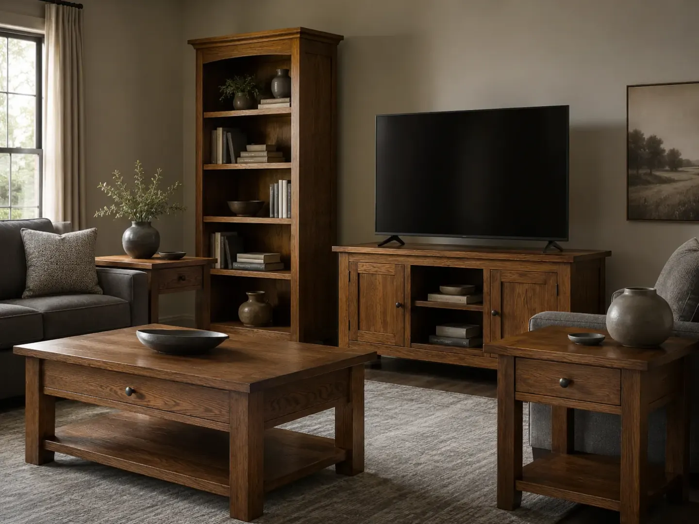 Matching oak living-room set — coffee table, end tables, bookshelf, and media console.