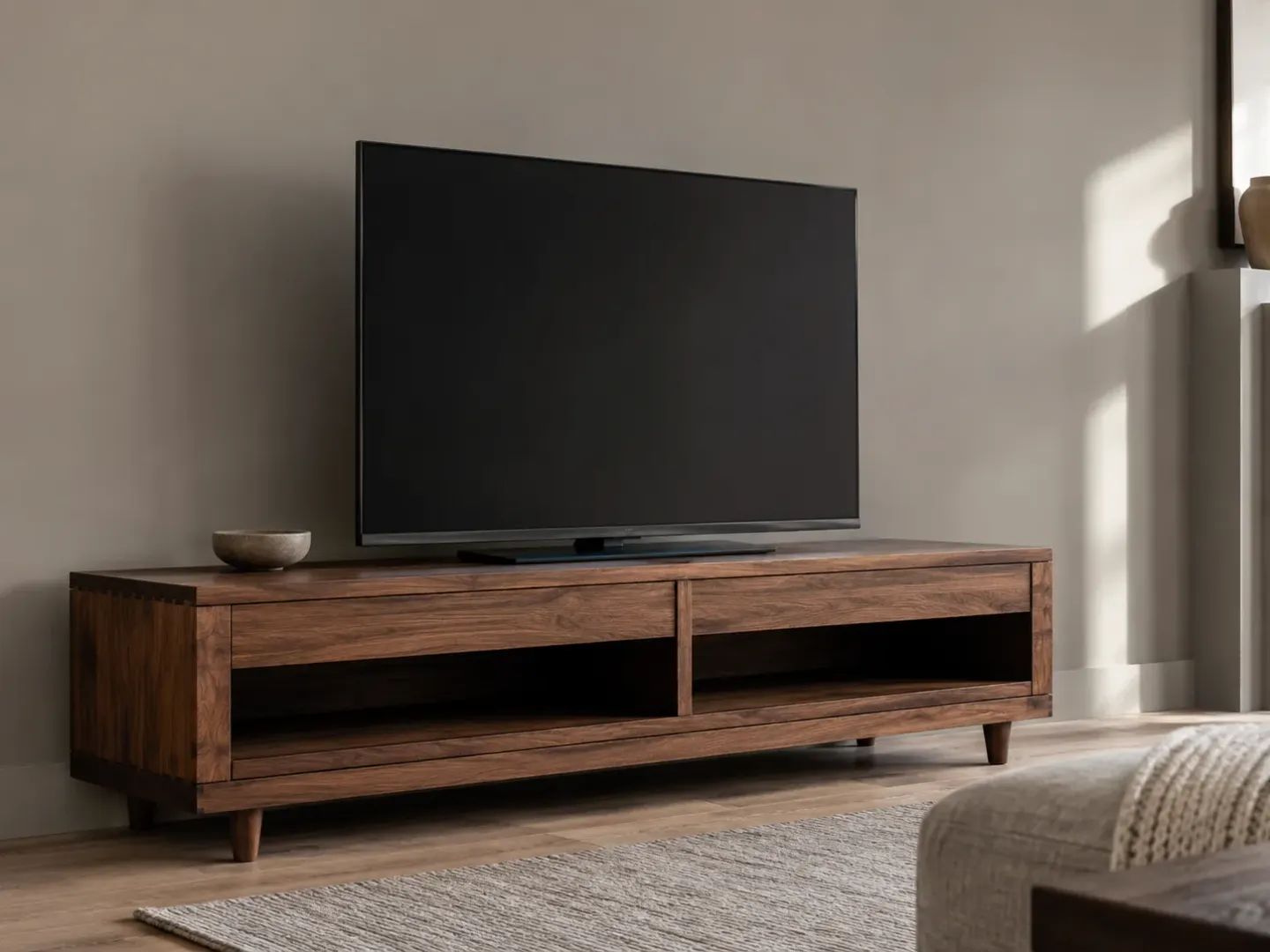 Low walnut media console with dovetailed corners and open cubbies under a TV.